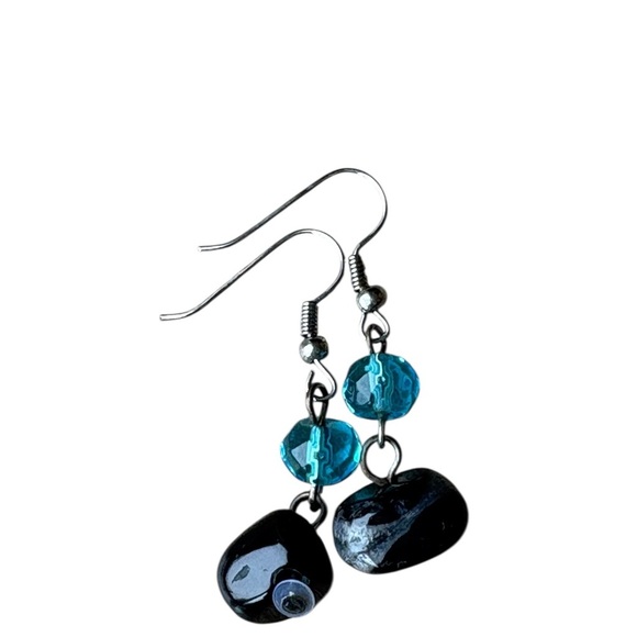 Blue Beaded Natural Stone Dangle Earrings Silver Tone - Picture 4 of 5